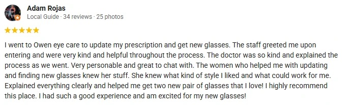 A 5-star Google Review of Owen Eye Care praising the kind and personable doctor