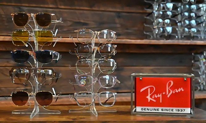 Racks of Ray Ban brand eyeglasses
