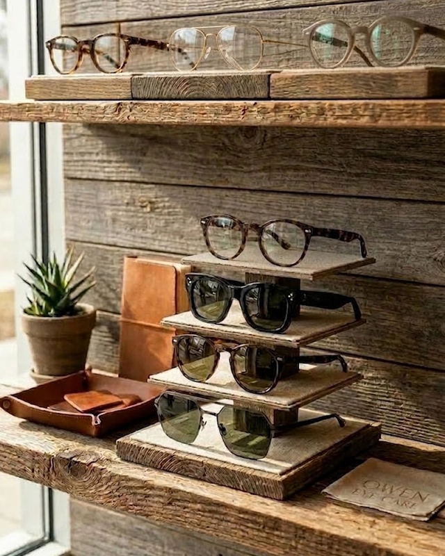 Display With Plant On Wooden Shelves