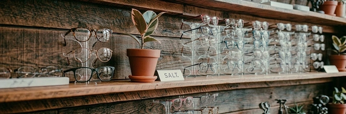 Glasses display with a plant.